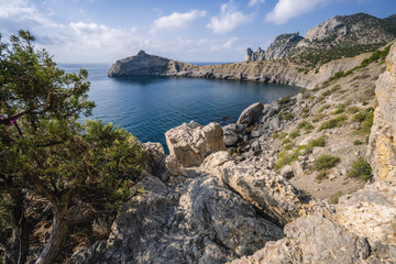 Novyi Svit, Crimea, Sudak. Cape named Kapchik, sea is Black Sea. Beautiful landscape with views of the mountains, sea, forest