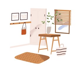 Home hallway interior design. Modern cozy antechamber with door, window, hook, plant and decor. Entry room in minimalistic Scandinavian style. Flat vector illustration isolated on white background