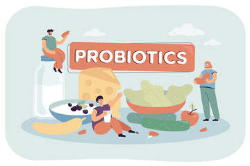 Tiny people on probiotic diet vector illustration. Woman drinking yogurt useful for gut, man with seed and lady with nut eating organic food: vegetables and fruits. Diet and health concept