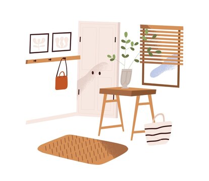 Home hallway interior design. Modern cozy antechamber with door, window, hook, plant and decor. Entry room in minimalistic Scandinavian style. Flat vector illustration isolated on white background