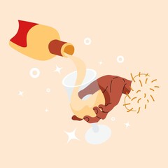 Black African hand holds a glass of white wine. Colorful design for restaurant or sommelier concept. Wineglass is filled with an alcoholic beverage from a bottle. Vector illustration on isolated color