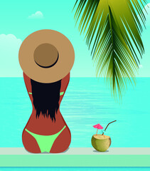 Digital illustration of a girl in a hat resting on vacation in the tropics drinking a cocktail swims and sunbathes in a pool with an ocean view
