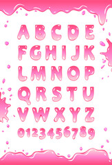 Font of bubbles. Sweet alphabet. Letters and numbers vector poster	
