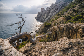 Novyi Svit, Crimea, the view from Golitsyn Path. Beautiful views of the mountains and rocky coast of the black sea. Picturesque sea landscape