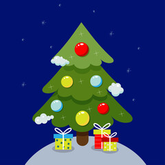 Christmas tree and gifts.Greeting card, festive poster. New year. Vector illustration in flat style.cartoon style.Merry Christmas. Winter holiday.Christmas tree decorated with colorful balls.party.