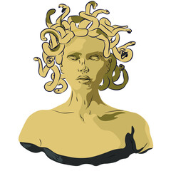Medusa head with snakes greek myth creature pop art retro vector illustration. Isolated image on white background. Comic book style imitation.
