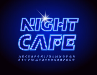 Fototapeta na wymiar Vector electric Banner Night Cafe. Blue Illuminated Font. Modern Neon Alphabet Letters and Numbers