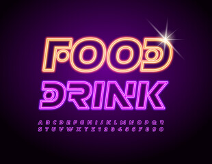 Vector trendy Logo Food and Drink. Creative Bright Font. Glowing Neon Alphabet Letters and Numbers set