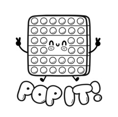 Cute funny Pop it,popit toy jump. Vector hand drawn cartoon kawaii character illustration icon. Isolated on white background. Pop it fidget sensory outline cartoon illustration for coloring book - obrazy, fototapety, plakaty