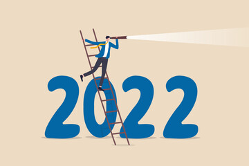 Year 2022 economic outlook, forecast or visionary to see future ahead, challenge and business opportunity concept, smart businessman climb up ladder to see through telescope on year 2022 number. - obrazy, fototapety, plakaty