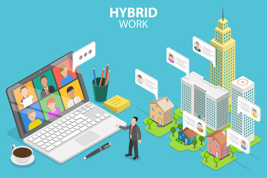 3D Isometric Flat Vector Conceptual Illustration of Hybrid Work, Remotely Work from Home