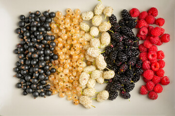 Mix of fresh berries in on plate on wooden background. Antioxidants, detox diet, organic fruits.