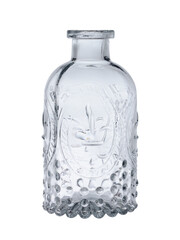 Empty glass bottle for alcohol with a beautiful pattern, for a holiday. Isolated on a white background, close-up.