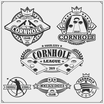 Cornhole badges, labels and design elements. Sport club emblems.