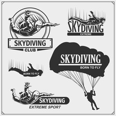 Skydiving and parachuting emblems. Sport club labels. - obrazy, fototapety, plakaty