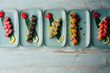 Top view Variety of Japanese maki sushi roll set seafood with vegetable Stock Photo