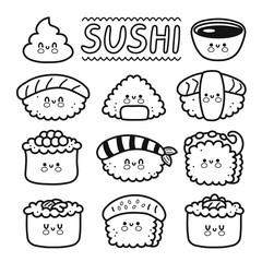 Cute funny happy sushi, maki, rolls cartoon character set collection. Vector hand drawn line kawaii character illustration icon. Cartoon kawaii cute sushi, asian food restaurant menu concept