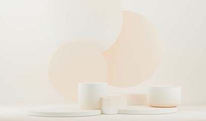 Minimal scene with podium and abstract background. Peach Fuzz is color trend of the Year 2024. Trendy 3d render for social media banners, promotion, cosmetic product show. Geometric shapes interior.	
