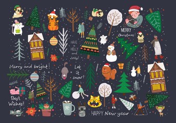 Vector set of winter Christmas trees and sun, snow, snowflake, bush, cats, people for Creating own New Year and Christmas illustration cards