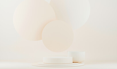 Minimal scene with podium and abstract background. Pastel beige and white colors scene. Trendy 3d render for social media banners, promotion, cosmetic product show. Geometric shapes interior.	