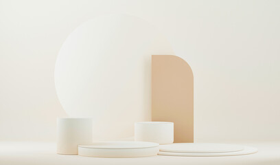 Minimal scene with podium and abstract background. Pastel beige and white colors scene. Trendy 3d render for social media banners, promotion, cosmetic product show. Geometric shapes interior.	