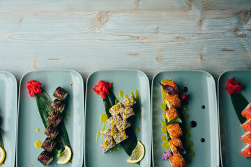 Top view Variety of Japanese maki sushi roll set seafood with vegetable Stock Photo