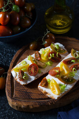 Fototapeta na wymiar Bruschetta with tomatoes and olive oil on a wooden board - traditional Italian, Spanish snack