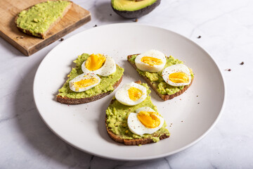 Avocado toast with eggs. Healthy snack and lunch. Ideal for a vegetarian diet.
