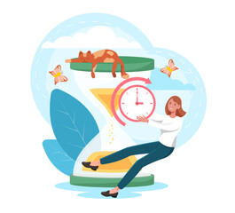 Time management concept. Woman stands next to hourglass and checks time. Employee manages to meet deadline. Personal effectiveness. Cartoon flat vector illustration isolated on white background