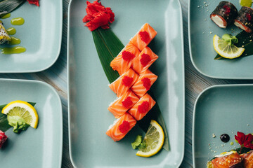 Top view Variety of Japanese maki sushi roll set seafood with vegetable Stock Photo