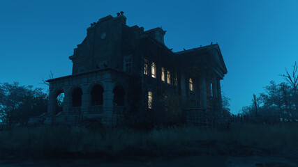 Obraz premium Ominous dilapidated and abandoned mansion with illuminated interior lighting at dusk. 3D rendering.
