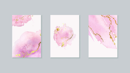 Collection of abstract pink liquid watercolor background with golden lines