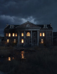 Ominous dilapidated and abandoned mansion with illuminated interior lighting under a dark cloudy...