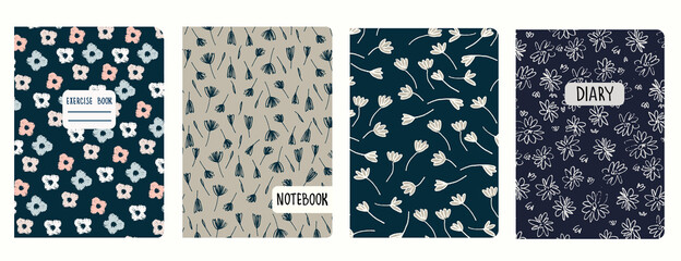 Set of cover page templates based on seamless patterns with viola and other flowers in Ditzy style, dark colors. Backgrounds for notebooks, notepads, diaries. Headers isolated and replaceable