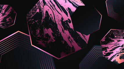 Dark wallpaper with marble shapes and pink gradient lines