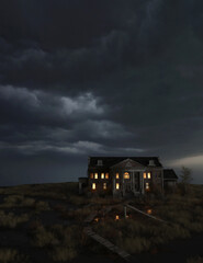 Ominous dilapidated and abandoned mansion on the prairie with illuminated interior lighting under a...