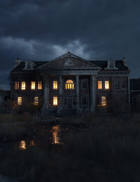 Ominous dilapidated and abandoned mansion with illuminated interior lighting under a dark cloudy sky. 3D rendering.