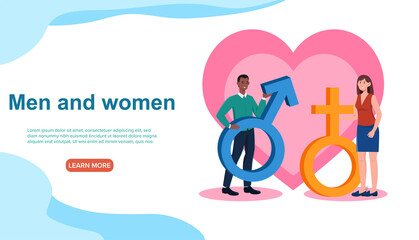 Sex education concept. Man and woman hold their gender signs against background of large heart. Template for landing page. Knowledge about opposite sex. Cartoon flat vector illustration for website