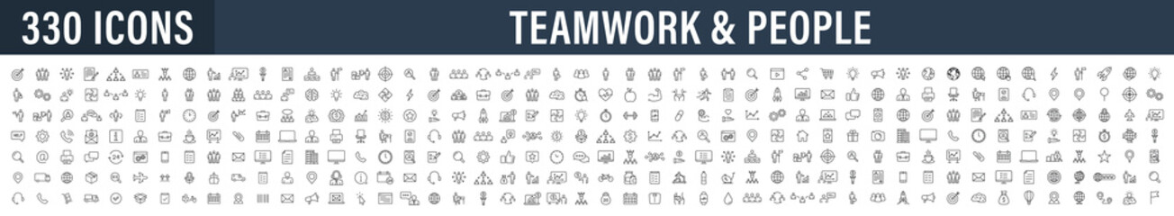 Fototapeta na wymiar Set of 330 Teamwork and Business People web icons in line style. Team Work, people, support, business. Vector illustration.