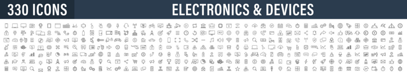 Set of 330 Technology and Electronics and Devices web icons in line style. Device, phone, laptop, communication, smartphone, ecommerce. Vector illustration. - obrazy, fototapety, plakaty