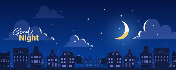 Vector illustration of silhouette of night city street on dark blue sky background with cloud and shine moon. Flat style design with text © wowomnom