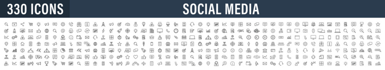 Set of 330 Social Media and Web icons in line style. Data analytics, Digital marketing, Management, Message, Phone. Vector illustration. - obrazy, fototapety, plakaty