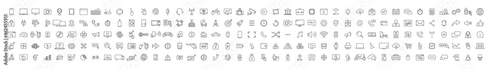 Wall mural webbig set of 200 technology and electronics and devices web icons in line style. device, phone, lap