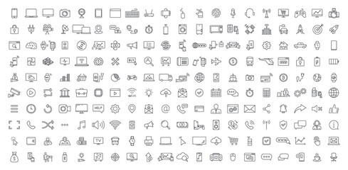 Fototapeta na wymiar WebBig set of 200 Technology and Electronics and Devices web icons in line style. Device, phone, laptop, communication, smartphone, ecommercem, network, business, media. Vector illustration.