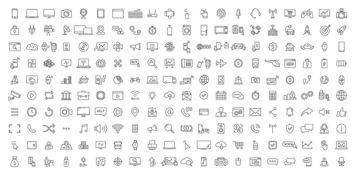 WebBig set of 200 Technology and Electronics and Devices web icons in line style. Device, phone, laptop, communication, smartphone, ecommercem, network, business, media. Vector illustration.