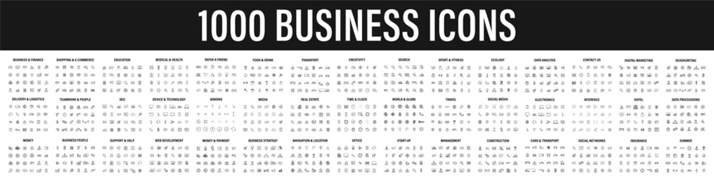 Set of 1000 Business icons. Business and Finance web icons in line style. Money, bank, contact, infographic. Icon collection. Vector illustration.