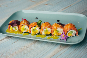 Japanese food photography, beautiful serving of sushi rolls, photography for restaurant menu