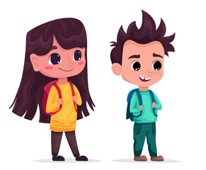 Back to school concept. Cute boy and girl with backpacks. Kids and friends at school on the first day of school. Children with student bags are happy. Vector cartoon illustration