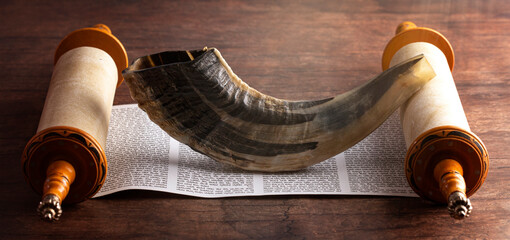 A Shofar Rams Horn and a Tora Scroll