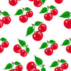 Seamless pattern of juicy, bright cherry berries on a white background.Vector berry pattern can be used in juice packs, jams, postcards.